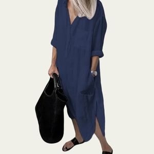 🆕Cotton Summer Resort Maxi Shirt Dress  Baggy Lounge Swim Cover Navy Blue L